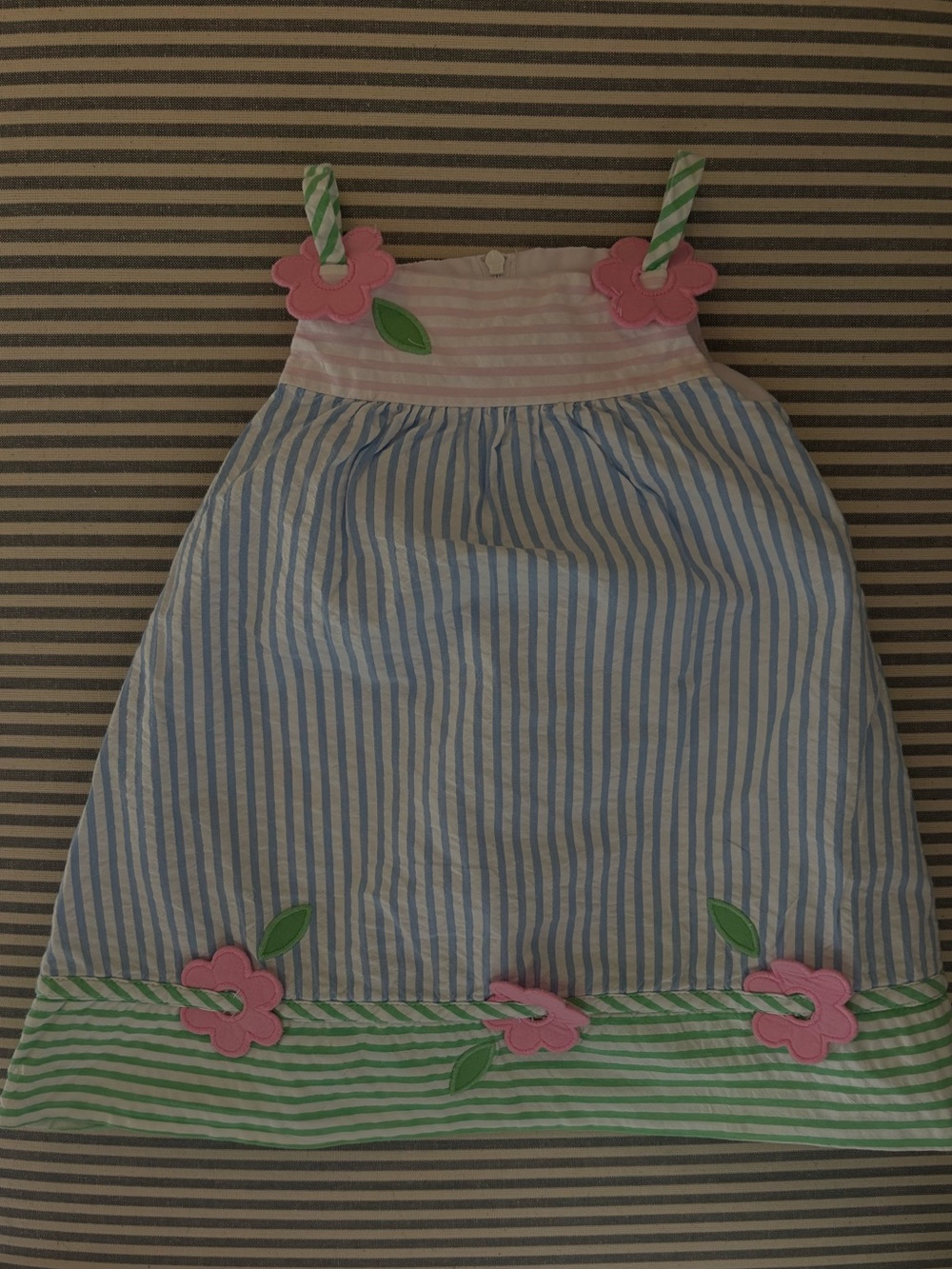 Florence Eiseman Blue & White Striped Sundress with Pink Floral Accents